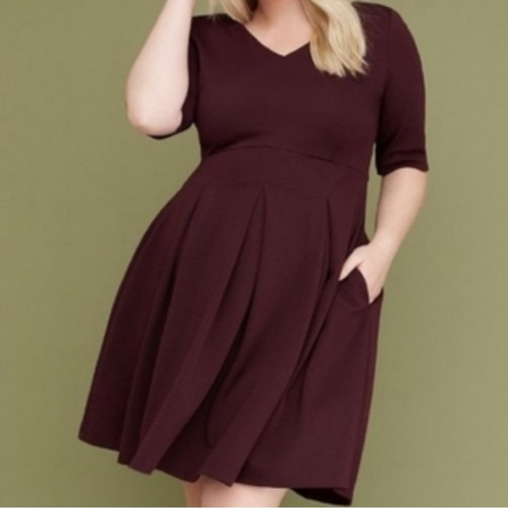 Lane Bryant Red Pleated Midi Dress V-Neck Cuffed Sleeves
